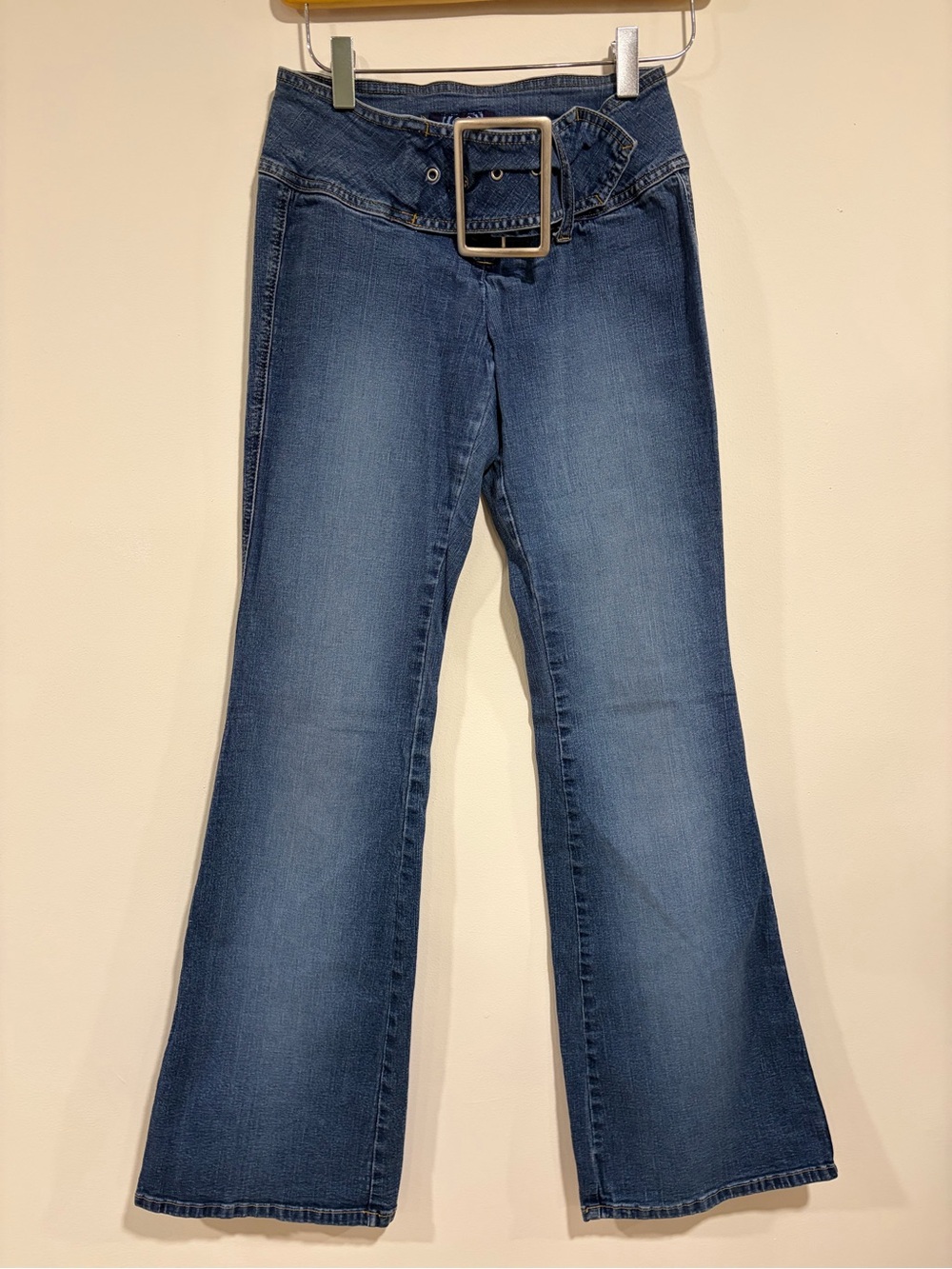 Vintage Angels Y2K 2000s Ultra Low Rise Chunky Belted Flare Jeans McBling